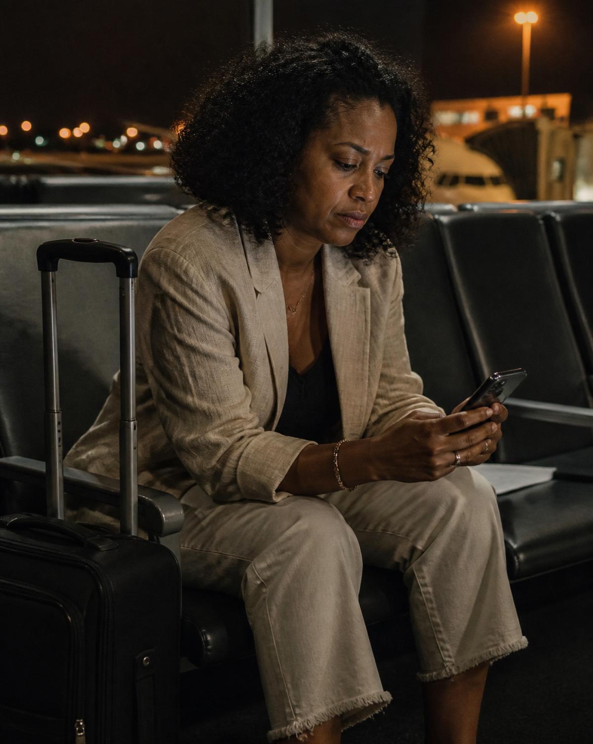 A traveler quietly reviewing an itinerary at a hotel desk