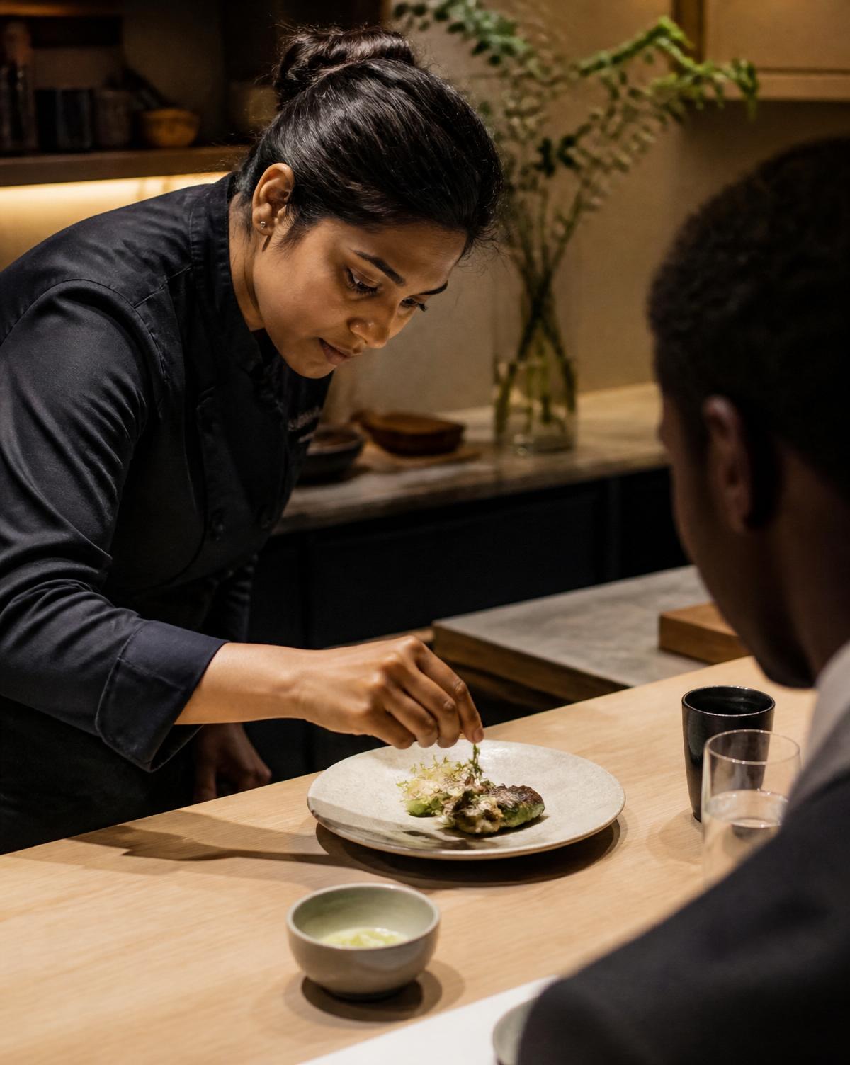 A woman chef plates a tasting-menu course at a chef's counter