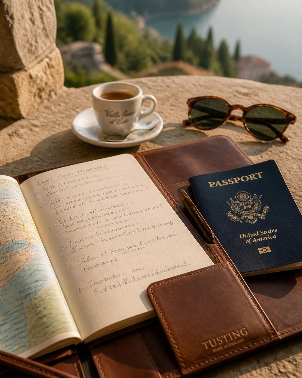 Travel itinerary and passport on a sunlit villa terrace