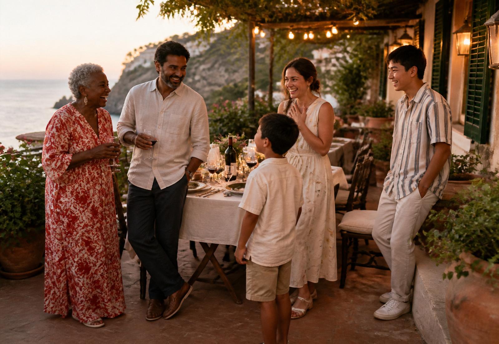 A diverse multigenerational group celebrating together at an elegant outdoor dinner