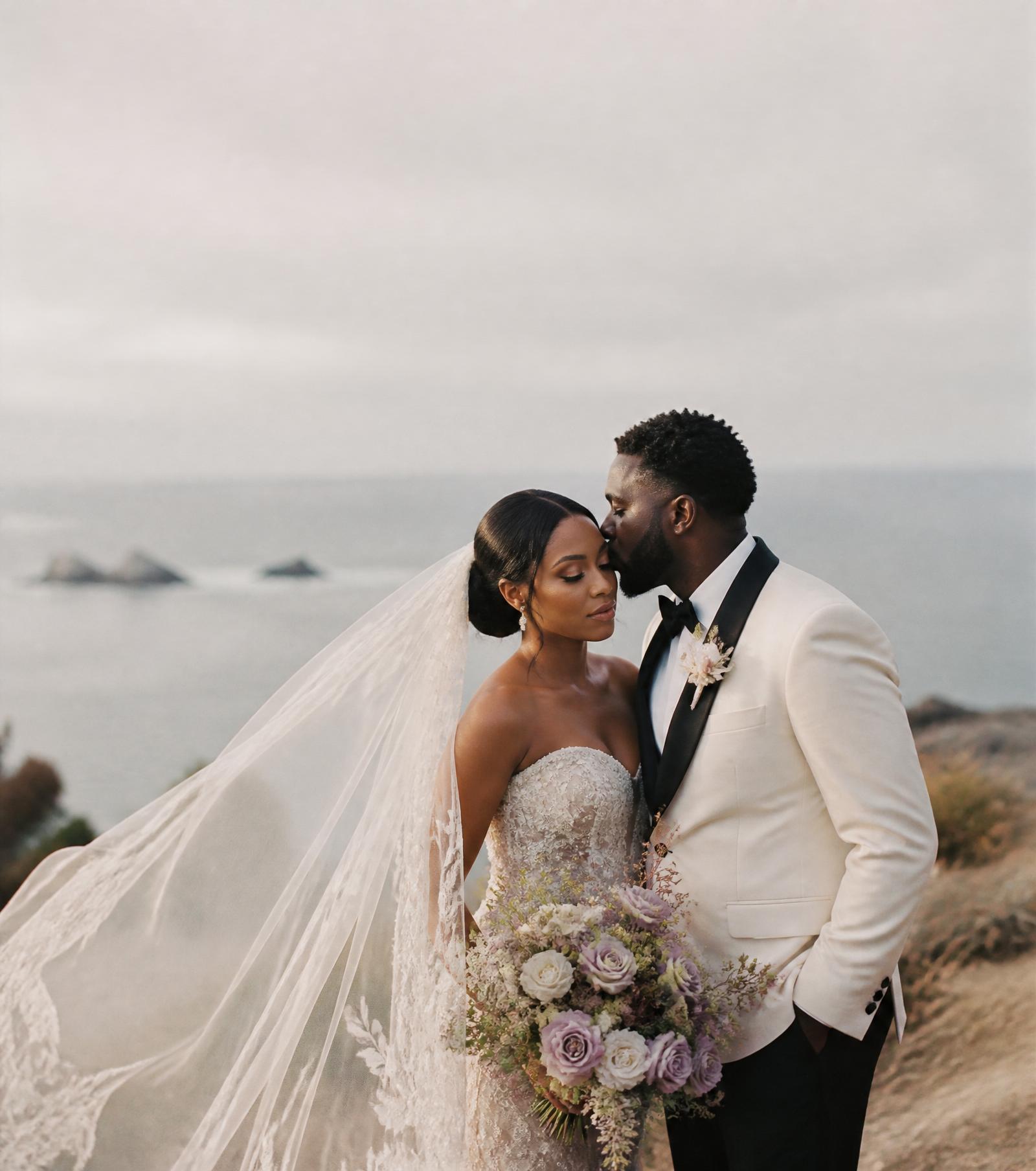 A Black bride and groom in luxury wedding attire share a quiet moment on a coastal cliff overlooking the ocean