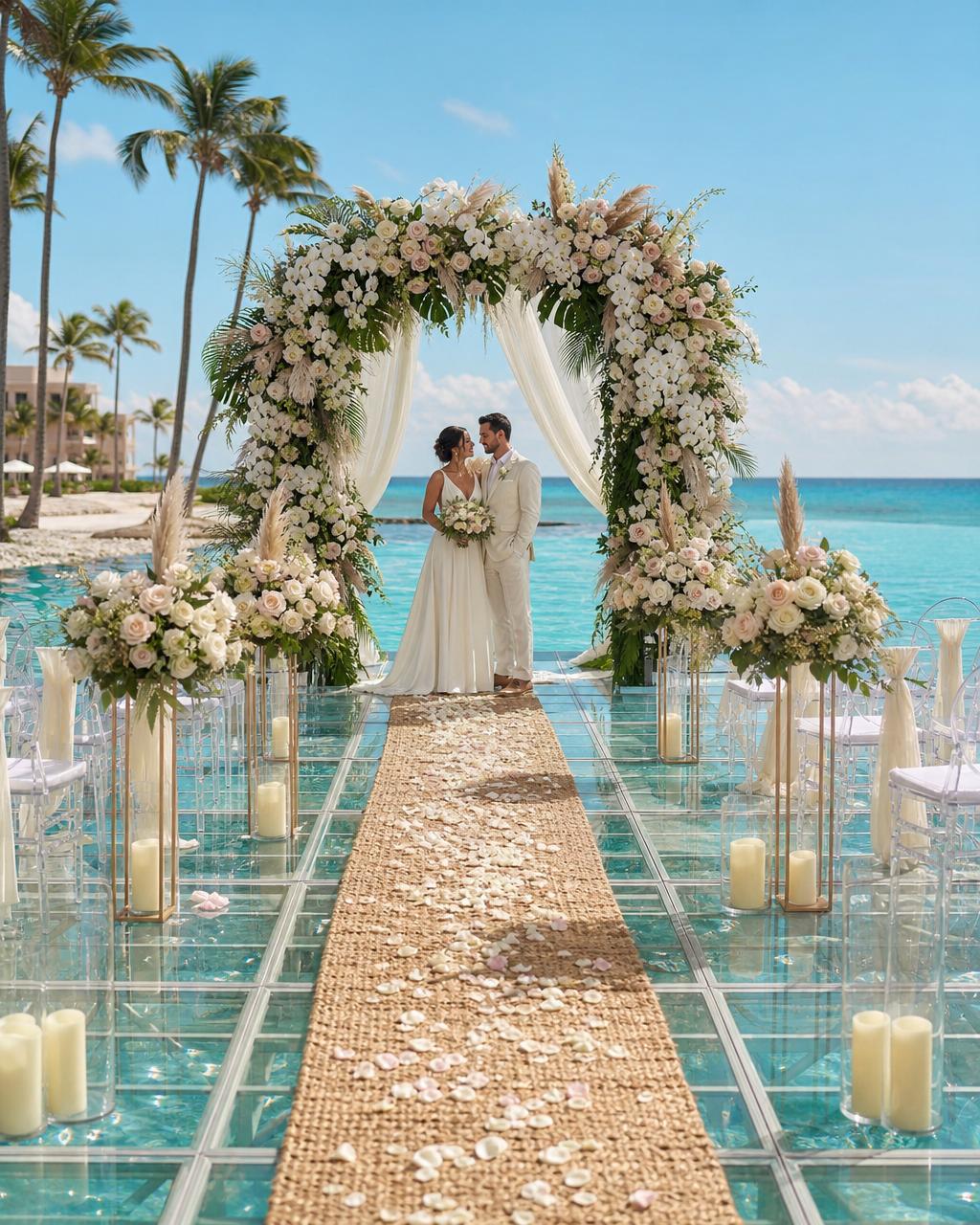 A Brown-skinned couple at the end of a long infinity-pool walkway at twilight in Punta Cana surrounded by modern architecture
