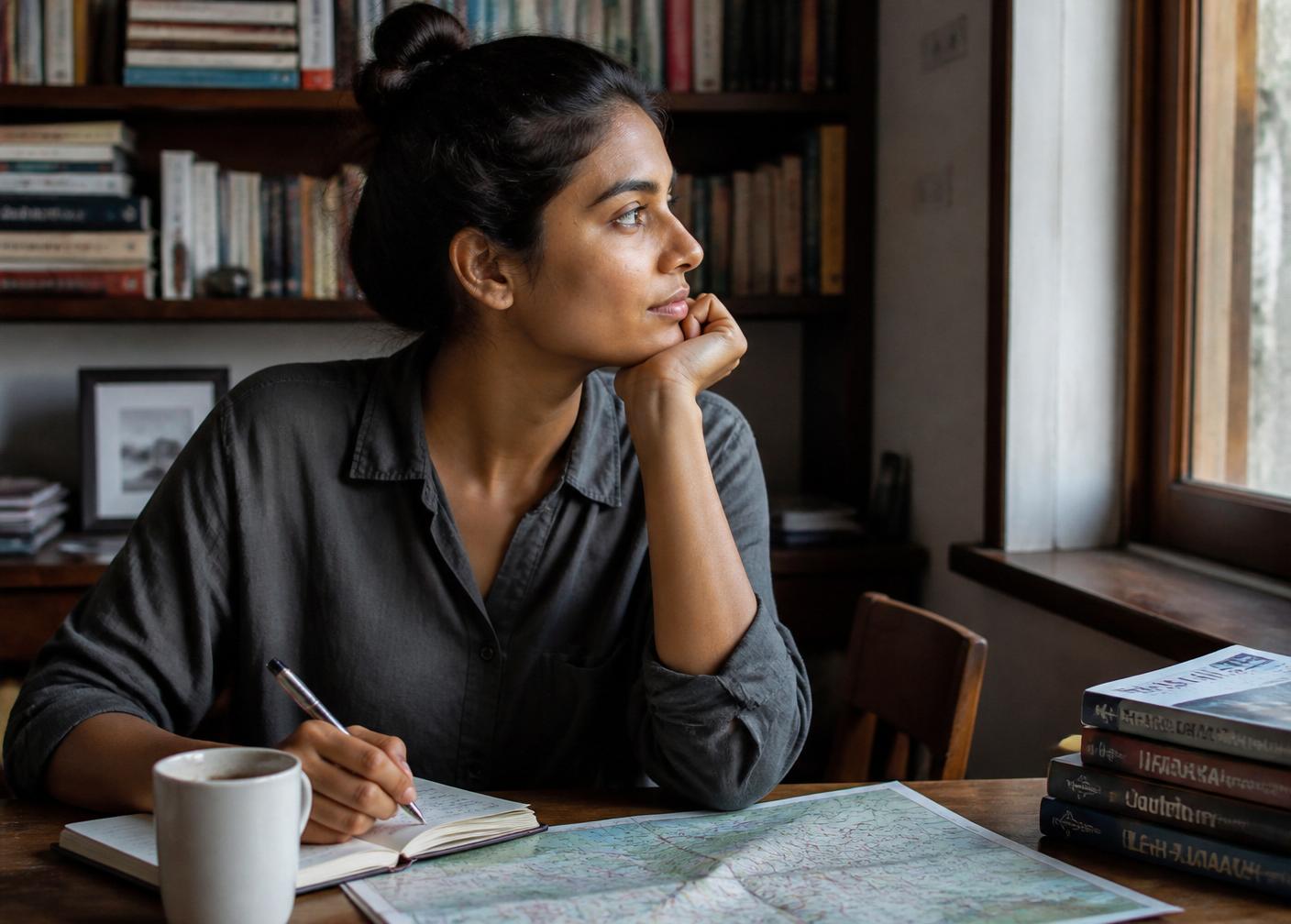 A traveler sits at a wooden desk with a paper map and notebook in natural window light