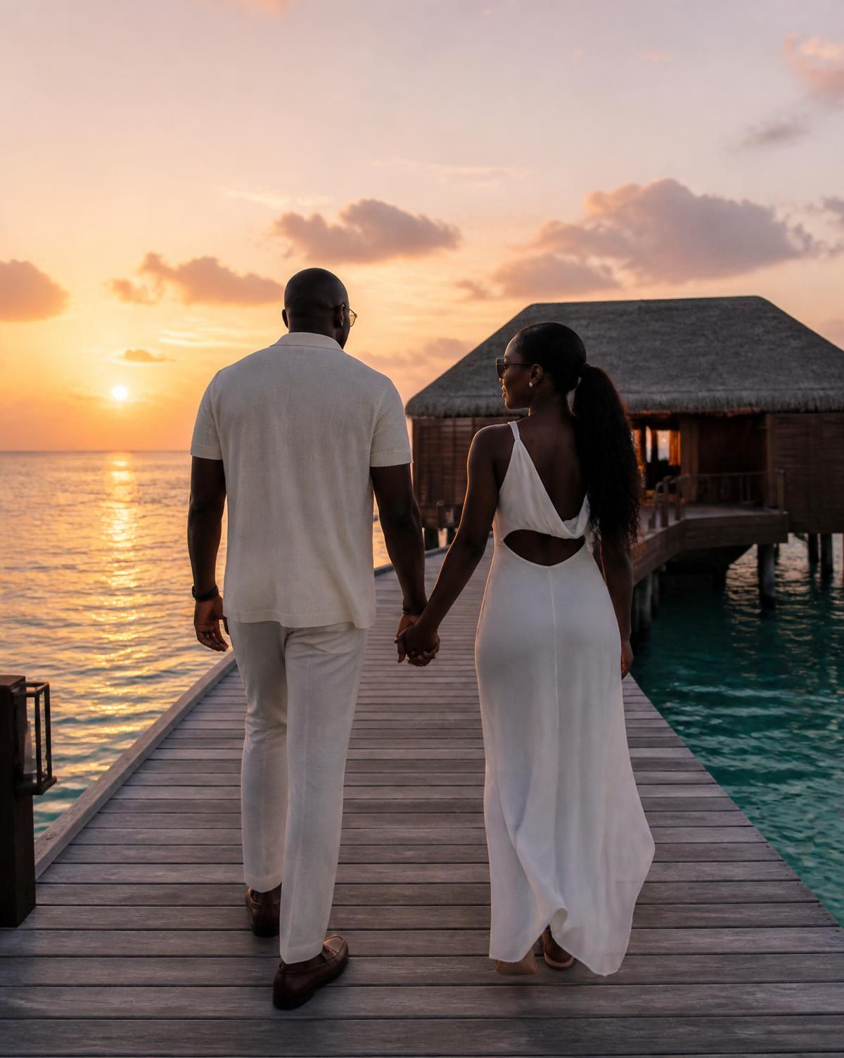 A Black couple walk a private jetty toward an overwater villa at sunset in the Maldives