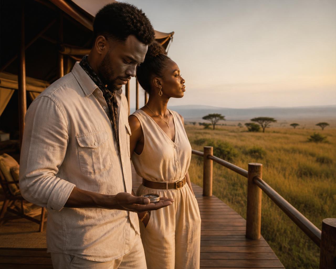 A Black couple on the wooden deck of a luxury safari tent at golden hour; the man looks down at a brass compass in his palm while the woman gazes out over the African grasslands